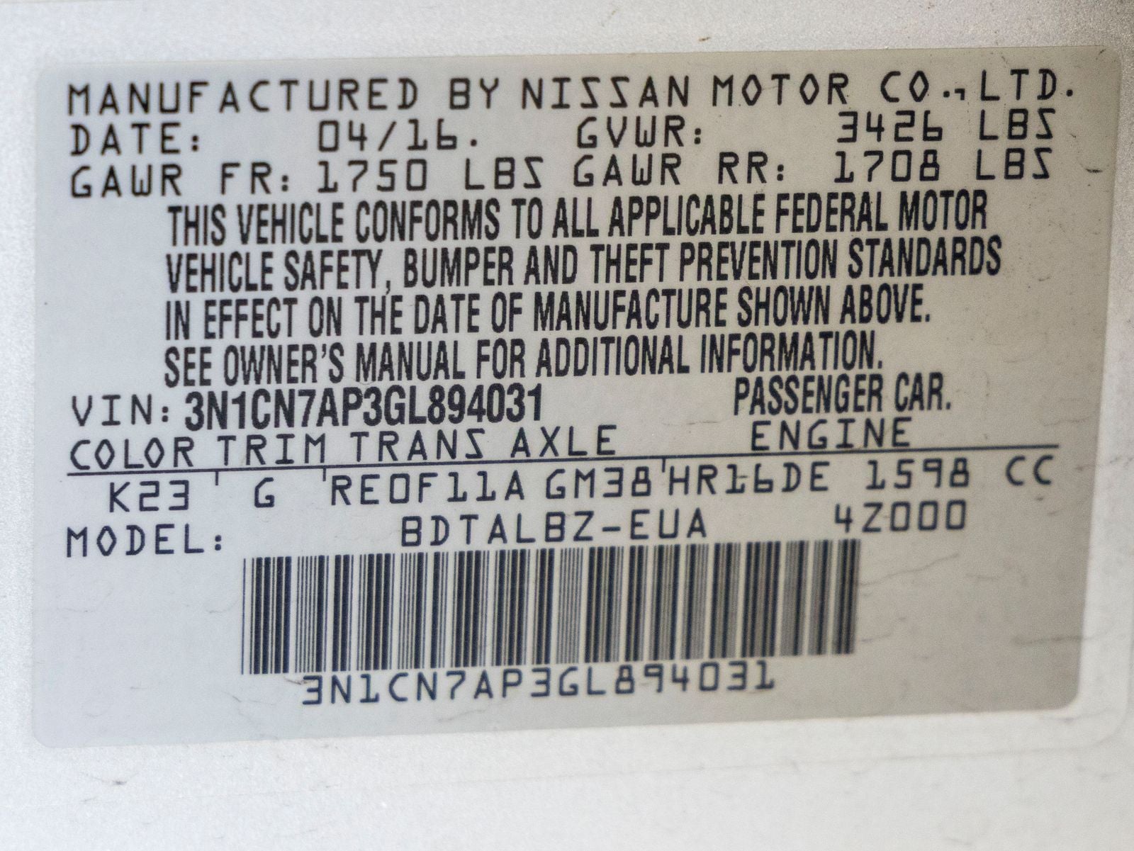 2016 Nissan Versa 1.6 SV