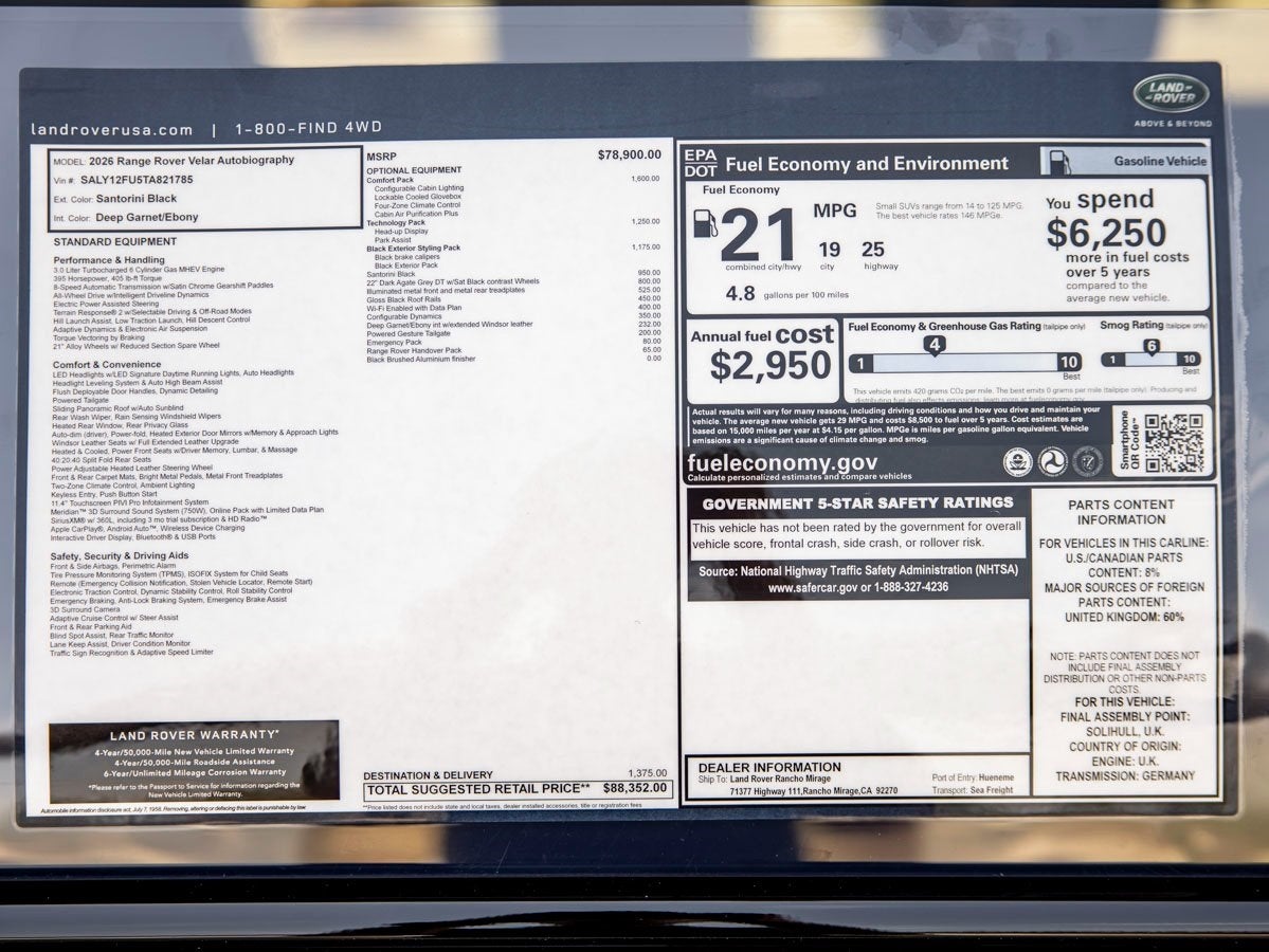 2026 Land Rover Range Rover Velar Autobiography