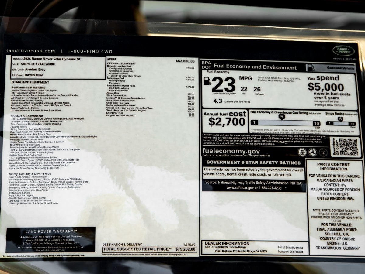 2026 Land Rover Range Rover Velar Dynamic SE