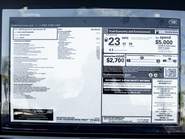 2026 Land Rover Range Rover Velar Dynamic SE