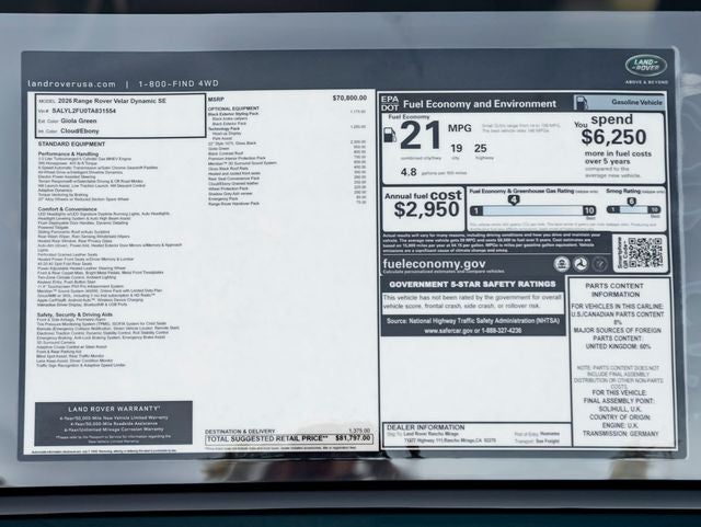 2026 Land Rover Range Rover Velar Dynamic SE