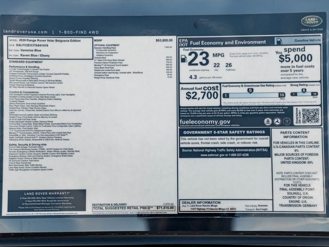 2026 Land Rover Range Rover Velar P250 Base