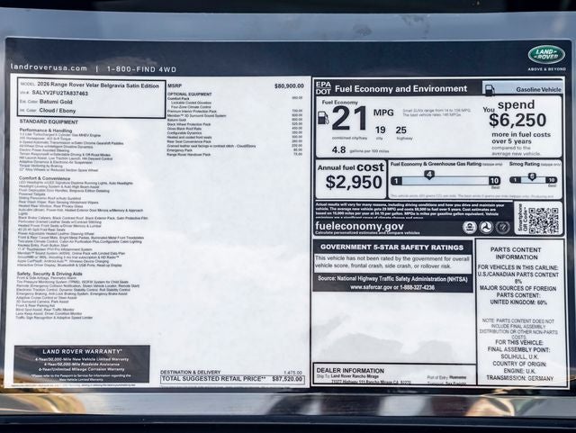 2026 Land Rover Range Rover Velar Belgravia Edition Satin