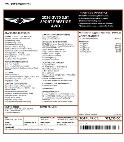 2026 Genesis GV70 3.5T Sport Prestige